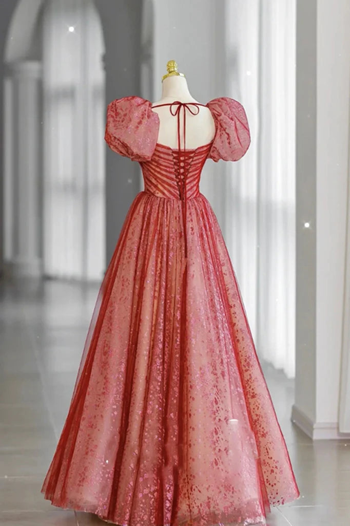 Wholesale Sweetheart Neck Red A Line Tulle Formal Evening Dress Long Prom Dress